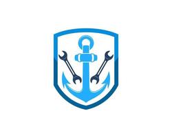 Shield with nautical anchor and wrench inside vector