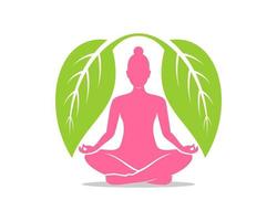 Woman meditation with green leaf protection