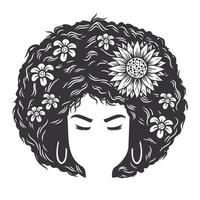 Woman face with Afro and flower vintage hairstyles vector line art illustration.
