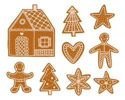 Vector set with christmas cookies. Gingerbread cookies in the shape of hearts, Christmas trees and men.