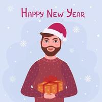 Happy New Year greeting card, man in christmas hat. Illustration for printing, backgrounds, covers, packaging, greeting cards, posters, stickers, textile, seasonal design. vector