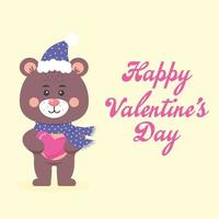 lindo oso de peluche con una bufanda y un sombrero sosteniendo un corazón. Feliz día de San Valentín. vector