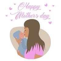 Mother holding baby son in arms and kissing him. Happy Mother's Day greeting card. vector