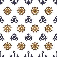 seamless pattern with cartoon pirate skull, bones, anchor and steering wheel vector