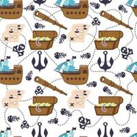 seamless pattern with treasure map, quest, chest, spyglass, anchor, pirate skull and bones vector