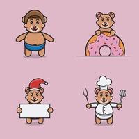 conjunto de lindo personaje de oso bebé con varias poses. con casco, donas, navidad y chef. vector