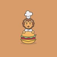 León lindo bebé con chef en hamburguesa. personaje, mascota, icono, logotipo, dibujos animados y lindo diseño. vector