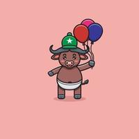 Cute Buffalo With Balloons and Wearing Hat. vector