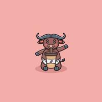 Cute Buffalo With Drink Coffee. vector