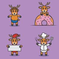 conjunto de lindo personaje de ciervo bebé con varias poses. con casco, donas, navidad y chef. vector