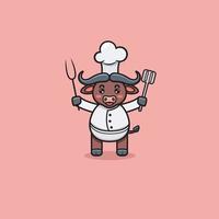 Cute Buffalo With Chef Costume. vector