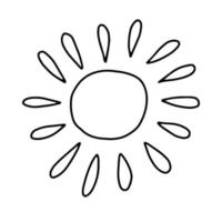 The sun is drawn in the Doodle style.Outline drawing by hand.Black and white image.Monochrome.Warmth and travel, recreation.Vector illustration vector