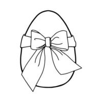 Easter egg with a bow-Doodle style . A black-and-white image isolated on a white background.Festive egg with a ribbon.Coloring.Outline drawing by hand.For postcards, decorations for Easter. vector