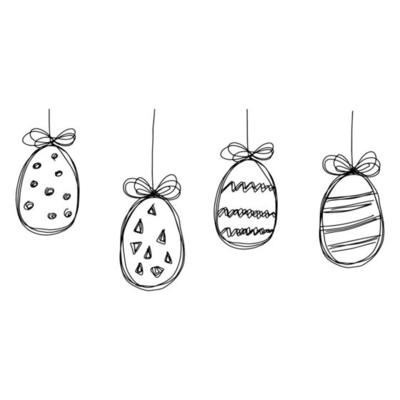 Easter eggs on a string.Doodle illustration.Eggs with a contour line. A careless drawing of Doodle eggs.Black and white illustration.Vector illustration