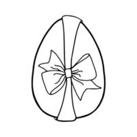 Easter egg with a bow-Doodle style . A black-and-white image isolated on a white background.Festive egg with a ribbon.Coloring.Outline drawing by hand.For postcards, decorations for Easter. vector