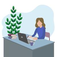 Student in the learning process, front view.Working at the computer. A girl is sitting at a table, studying online using her computer.Work from home. flat vector illustration