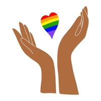 Dark-skinned hands holding a rainbow heart. LGBT PERSON.Flat illustration.Love and happiness.Valentine's day.Day of lovers.Wedding.Vector illustration vector