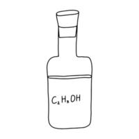 A bottle with a cork with an alcohol formula drawn in the Doodle style .Black and white image isolated on a white background.Antiseptic for viruses and bacteria.Alcohol.Vector illustration vector