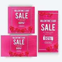 Banner o póster de venta del día de San Valentín con muchas luces de corazones y regalos en promoción de fondo rosa degradado y plantilla de compras o fondo para el concepto de amor y día de San Valentín