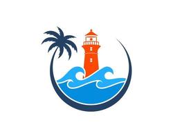 Circular palm tree with beach wave and lighthouse vector