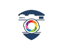 Abstract shield with camera and rainbow lens vector