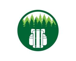 Circular shape with pine forest and hiking backpack inside vector