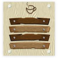 Conjunto de letreros de madera. Tableros y tablones rústicos de color marrón rugoso, letreros colgantes, plantillas de pancartas para bares y salones. vector