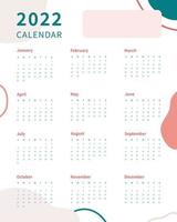 Calendar 2022 template. 2022 calendar planner template. Week starts on sunday. Vector illustration.