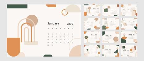 Calendar 2022 template. 2022 calendar planner template set. Week starts on sunday. Vector illustration.