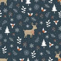 Winter seamless pattern with cute deer,berries and snowflakes on dark grey background vector