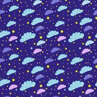 Night sky seamless pattern with, stars and clouds. vector