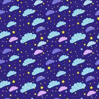 Night sky seamless pattern with, stars and clouds. vector