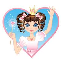 Girl in a princess crown with a magic wand waves her hand. Fairy tale, little sorceress on the background of the heart. Image as a design element isolated from the background. vector