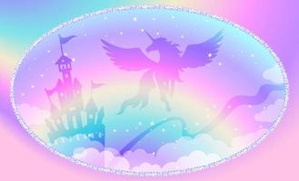 Fantasy background of magic rainbow sky with sparkles and glitter, winged unicorn. vector