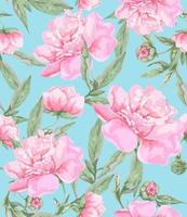 Pink peony flowers with leaves on a blue background. Seamless pattern. Romantic watercolor floral design for greeting cards, fabric print. vector