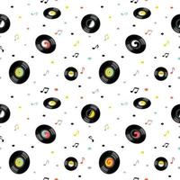 Music notes and vintage vinyl records seamless pattern. Elements of the pattern are separated from the white background. vector