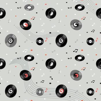 Seamless pattern of vinyl records, music notes and stave. The elements of the pattern are separated from the background. vector