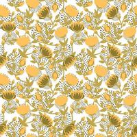 Seamless pattern of yellow flowers and dots on a white background. Vector illustration.