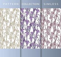 Set of seamless patterns with iris flowers on a white background. Patterns for scrapbooking, printing, gift wrapping, fabric. vector