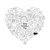 Set of hand drawn monochrome doodles clipart in a heart shape. Good for coloring pages, greeting cards, prints, invitations, stickers, etc. EPS 10 vector