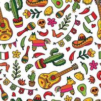 Cinco de Mayo seamless pattern with Mexican hand drawn doodles for wrapping paper, prints, cards, backgrounds, scrapbooking, stationary, wallpaper, etc. EPS 10 vector