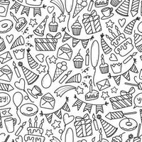 monochrome birthday pattern with cute hand drawn doodles. Perfect for prints, wrapping paper, wallpaper, backgrounds, coloring pages, textile, scrapbooking, etc. EPS 10 vector