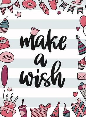 Lettering quote 'Make a wish' for birthday cards, posters, prints, banners, invitations, etc. Decorated with frame of birthday doodles. EPS 10