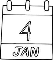 calendar hand drawn in doodle style. January 4. World Braille Day, Newton, National Spaghetti, date. icon, sticker element for design. planning, business holiday vector