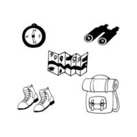 camp set icon. hand drawn doodle. , scandinavian, nordic, minimalism monochrome hike map binoculars backpack vector