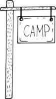 signboard camp on the pillar icon. hand drawn doodle. , scandinavian, nordic, minimalism monochrome sign vector