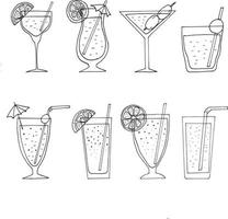 conjunto de cócteles icono. estilo de dibujo dibujado a mano. , minimalismo, monocromo. bebida alcohólica, bar, menú, restaurante colección café jugo verano limonada vector