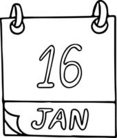 calendario dibujado a mano en estilo doodle. 16 de enero. día mundial de los beatles, libertad religiosa, fecha. icono, elemento adhesivo para el diseño. planificación, vacaciones de negocios vector