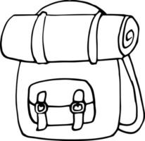 icono de mochila y manta enrollada. doodle dibujado a mano. , escandinavo, nórdico, minimalismo, equipo de viaje de caminata monocromática vector