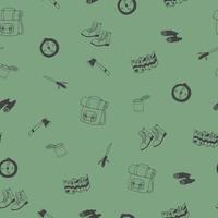 campamento de patrones sin fisuras. doodle dibujado a mano. , escandinavo, colores de moda 2022, minimalismo, monocromo. caminata mochila de comida enlatada. papel pintado textil fondo papel de regalo vector